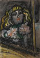 Scheiber H jelzéssel: Lány virágokkal. Vegyes technika, papír. 42x29,5 cm.