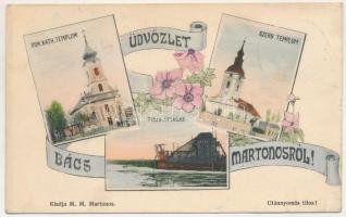 Martonos, Bács-Martonos; Római katolikus templom, szerb templom, Tisza-átvágás. Kiadja M. M. / churc...