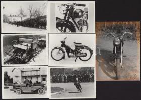 cca 1947-1970 Motorversenyekről, motorokról, vasúti hajtányról, automobilról készült reprodukciós fotók, kontakt előhívások, 7 db, 6,5×9,5 és 12×9 cm közötti méretekben