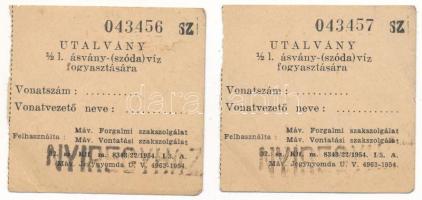 1954. "Utalvány 1/2 l. ásvány-(szóda)víz fogyasztására" vasúti (MÁV) utalvány "Nyíregyháza" bélyegzéssel (2x) T:VF
