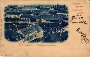 1900 Lugos, Lugoj; látkép, Grünberger Ede üzlete. Auspitz Adolf kiadása / general view, shops (lyuk / pinhole)