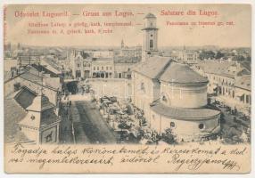 1904 Lugos, Lugoj; látkép, görögkatolikus templom, piac, üzletek. Nemes Kálmán kiadása / general view, Greek Catholic church, market, shops (b)