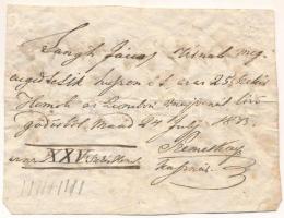 1833. kézzel írott engedély/elszámolás/bárca Langh János számára 25 szekér homok elhozatalára a zombori majorból T:F