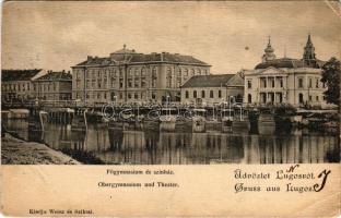 1902 Lugos, Lugoj; M. kir. főgimnázium és színház, híd. Weisz és Sziklai kiadása / grammar school, theatre, bridge (r)