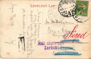 1908 Szeged, Kossuth szobor koszorúkkal, Pósza Lajos üzlete. Grünwald Herman kiadása (EB)