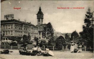 1910 Szeged, Széchenyi tér a városházával, piac (EK)