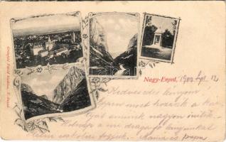 1900 Nagyenyed, Aiud; részletek este holdfényben, sétatéri diák emlékmű. Grünfeld Dávid kiadása, szecessziós-virágos keret / multi-view postcard, at night in moonlight, monument. Art Nouveau, floral (EK)