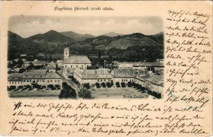 1899 Nagybánya, Baia Mare; Fő tér, északi oldal, üzletek. Divald / main square, shops (EK)