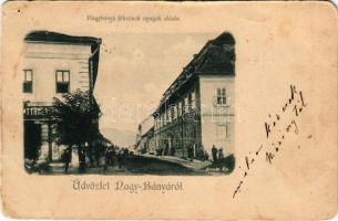 1898 Nagybánya, Baia Mare; Fő tér, nyugati oldal, üzletek. Divald / main square, shops (b)