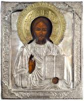 Pantokrátor Krisztus. Régi orosz ikon, kézzel festett, fém okláddal. XX sz, eleje. 24x27 cm