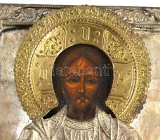 Pantokrátor Krisztus. Régi orosz ikon, kézzel festett, fém okláddal. XX sz, eleje. 24x27 cm