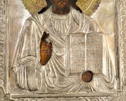 Pantokrátor Krisztus. Régi orosz ikon, kézzel festett, fém okláddal. XX sz, eleje. 24x27 cm