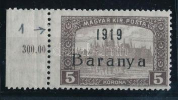 Baranya 1919 Parlament ívszéli 5K zászlós 1-essel, Bodor vizsgálójellel