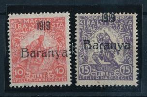 Baranya I. 1919 Hadisegély 10f, 15f eltolódott felülnyomással, Bodor vizsgálójellel
