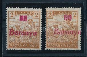 Baranya I. 1919 Arató 2 db 2f eltolódott felülnyomással, Bodor vizsgálójellel