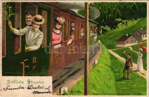 1902 Fröhliche Pfingsten / Pentecost greeting art postard, train, locomotive, farewell. "ERIKA&...