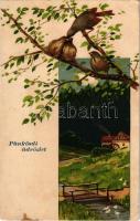 Pünkösdi üdvözlet, madarak / Pentecost greeting art postcard, birds. litho (fl)
