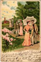 1900 Pünkösdi üdvözlet, szerelmes párok / Pentecost greeting art postcard, love couples. litho (EB)