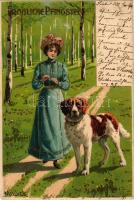 1902 Fröhliche Pfingsten / Pünkösdi üdvözlet, hölgy kutyával / Pentecost greeting art postcard, lady...