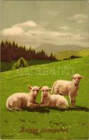 1908 Boldog Ünnepeket! Meissner &amp; Buch, Szénásy Béla kiadása / Easter greeting art postcard....