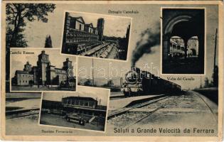 1934 Ferrara, saluti a Grande Velocitá, dettaglio cattedrale, castello Estense, stazione ferroviaria...