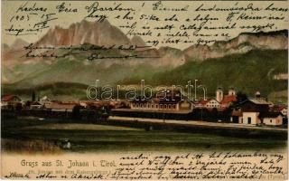 1905 Sankt Johann (Tirol), St. Johann mit dem Kaisergebirge, Bahnhof / railway station, train (EB)