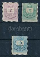 1881 2kr, 3kr és 10kr II. típus, 12 : 11 3/4 fogazással, a 2kr postatiszta, 3kr és 10kr szépen képbe fogazva, 3kr festékfoltokkal (apró sérülés a képoldalon / small damage on the front)