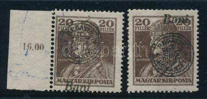 Nagyvárad 1919 Károly 2 db 20f eltolódott felülnyomásokkal, Bodor vizsgálójellel