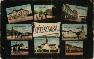 1923 Békéscsaba, Petőfi liget, Vasút utca, Motor állomás, Rudolf gimnázium és az evangélikus templom, Gyalogsági laktanya, Kossuth szobor, Fiume szálloda. Dr. Gyöngyösi és Gruber kiadása (fa)