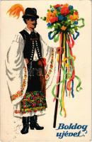 1931 Boldog Újévet! Magyar folklór művészlap. Rigler J. E. / New Year greeting art postcard, Hungari...