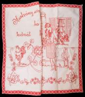 Kézzel hímzett konyhai falvédő, "Halvány sárga rózsa ha tudnál beszélni" felirattal, 66x78 cm