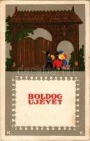 1925 Boldog Újévet! Magyar folklór művészlap. Rigler J. E. / New Year greeting art postcard, Hungari...