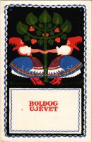 Boldog Újévet! Magyar folklór művészlap. Rigler J. E. / New Year greeting art postcard, Hungarian fo...