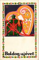 Boldog Újévet! Magyar folklór művészlap. Rigler J. E. / New Year greeting art postcard, Hungarian fo...
