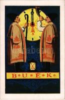 B.U.É.K. Boldog Újévet! Magyar folklór művészlap. Rigler J. E. / New Year greeting art postcard, Hun...