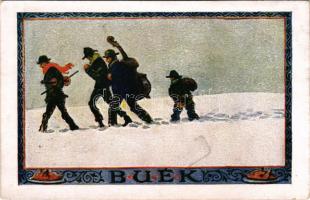 B.U.É.K. Boldog Újévet! Magyar folklór művészlap. Rigler J. E. / New Year greeting art postcard, Hun...