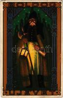 1924 Boldog Újévet! Magyar folklór művészlap. Rigler J. E. / New Year greeting art postcard, Hungari...