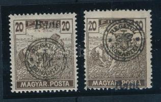 Nagyvárad 1919 Magyar Posta 2 db 20f eltolódott felülnyomással, Bodor vizsgálójellel