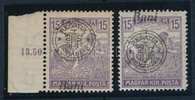 Nagyvárad 1919 Arató 2 db 15f eltolódott felülnyomással, Bodor vizsgálójellel