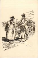 A vidéki népéletből, magyar folklór. Benyovszky rajza a "Szárnyaszegett madárká"-hoz. Bodó...