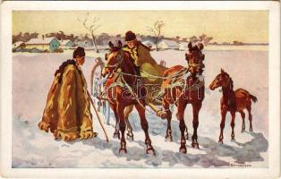 Hámbatörték a lovat. Magyar folklór művészlap / Hungarian folklore art postcard s: Benyovszky István...