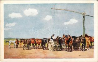 Delel a ménes. Magyar folklór művészlap / Hungarian folklore art postcard s: Benyovszky István (gyűr...