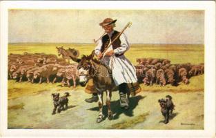 Megy a juhász szamáron. Magyar folklór művészlap / Hungarian folklore art postcard s: Benyovszky Ist...