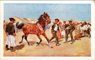 Lóvásár. Magyar folklór művészlap / Hungarian folklore art postcard, horse market s: Benyovszky Istv...