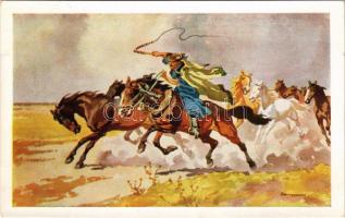 Vihar előtt. Magyar folklór művészlap / Hungarian folklore art postcard s: Benyovszky István (EB)