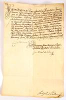 1777 Esterházy Ferenc gróf (1715-1785) főkancellár, Nádasdy Mihály gróf (1746-1826) kamarás, valóságos belső titkos tanácsos, Komárom vármegye örökös és valóságos főispánja által autográf aláírt udvari levél Körmöcbánya városának Májer Lőrinc jogellenes elítélésével és kivégzésvel kapcsolatban. Papírfelzetes viaszpecséttel