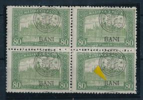 Kolozsvár 1919 Parlament 80f 4-es tömbben lemezhibával, eltolódott felülnyomással, Bodor vizsgálójellel