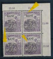 Kolozsvár 1919 Arató 15f ívsarki 4-es tömb lemezhibákkal, Bodor vizsgálójellel