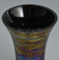 Német szivárványos mázazású üvegváza, címkével jelzett, m: 11 cm