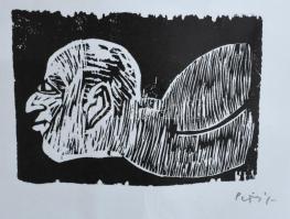 Perei Zoltán (1913-1992): Férfi fej fa nyomódúc. A tételhez tartozik a fametszet, papír. Jelzett. Bo...